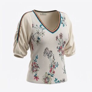 Aldo Martins Floral Knit Top S Cream V-Neck Striped Trim Boho Artwear Barcelona